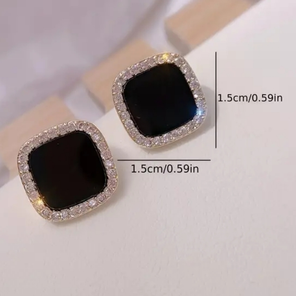 NEW Sparkling Black & Crystal Geometric Square Stud Earrings -Lovely Classy GIFT - Picture 6 of 7